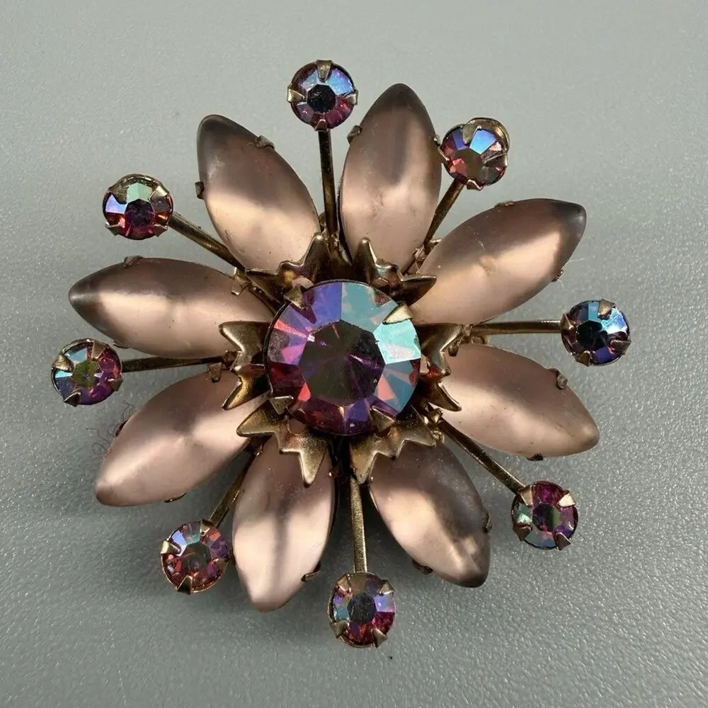 Vintage Pink Satin Glass Flower Brooch AB Rhinestones Petals Gold Tone Floral